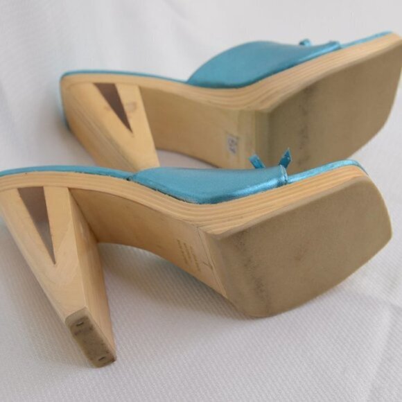 Y2K Platform Wooden Clog Shoes Satin Blue Sz 7 - Picture 10 of 10